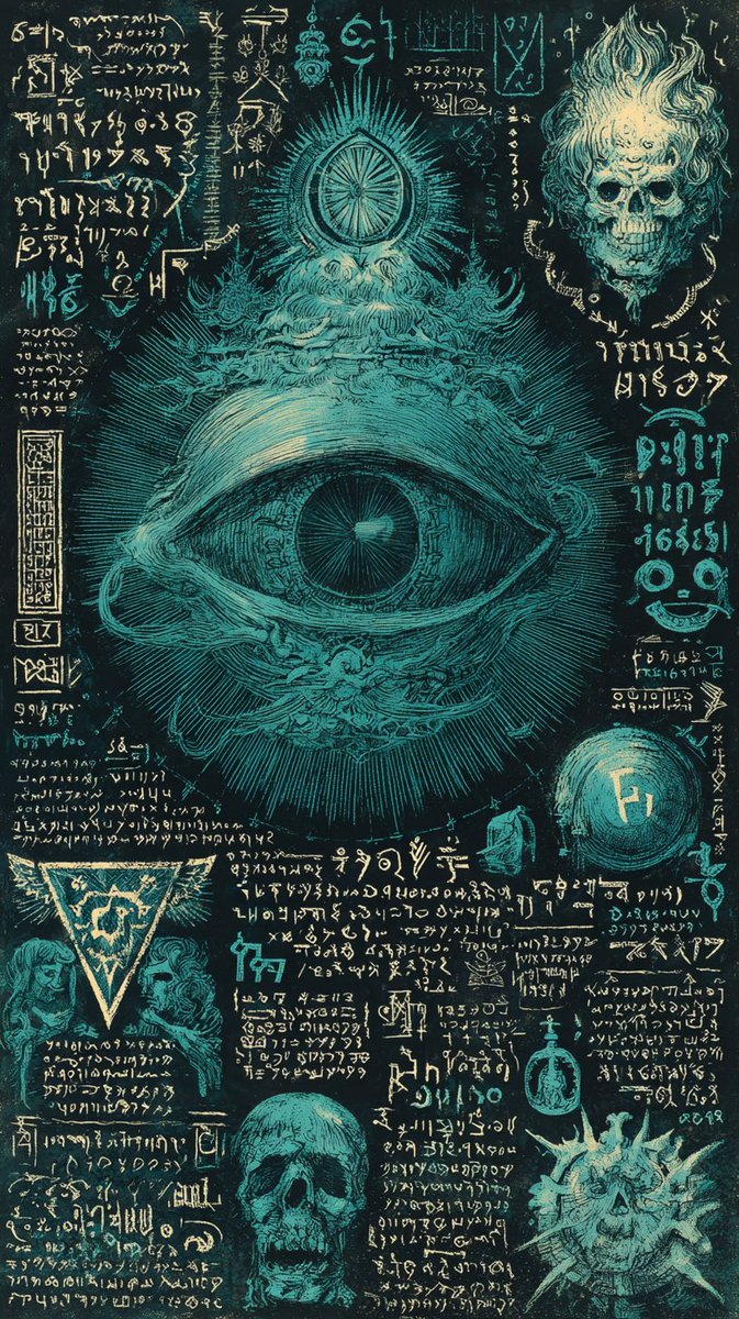 joeythemonste's tweet photo. eldritch symbology ancient lithography, black background, white and teal writing, intricate journal of symbology https://t.co/Ulalt7tnRX