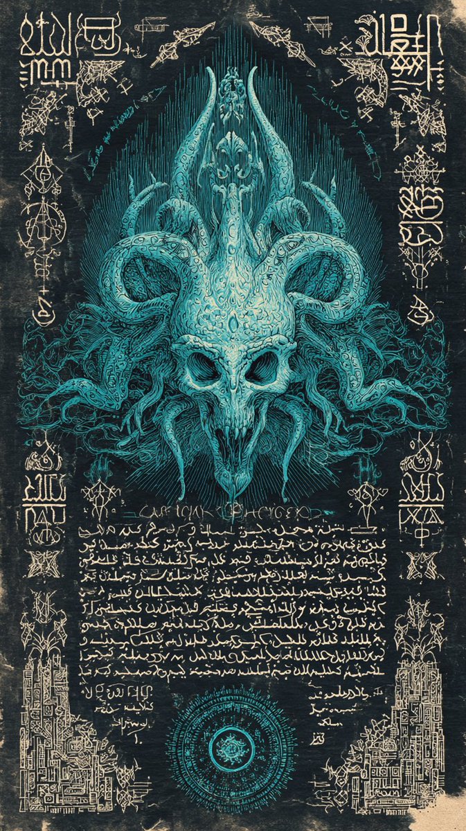 joeythemonste's tweet photo. eldritch symbology ancient lithography, black background, white and teal writing, intricate journal of symbology https://t.co/Ulalt7tnRX