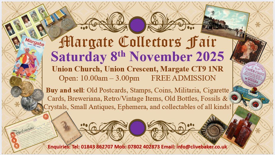 UKOLDPOSTCARDS's tweet photo. Margate Collectors Fair is on Saturday the 8th November 2025
We as always are fully booked with dealers selling amongst other things postcards, stamps, cigarette cards, ephemera, photographs, Fossils , local history items and vintage and retro collectables.
#postcard #stamps https://t.co/pjOkP8iNoV