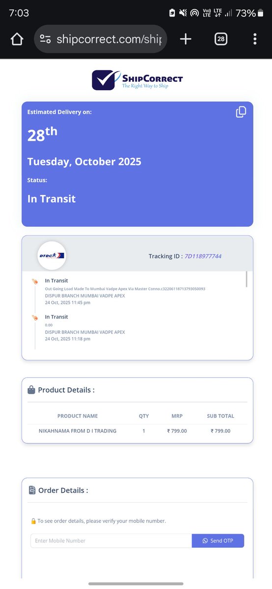 DidarulMaz's tweet photo. @DTDCIndia shipment was supposed to deliver yesterday, still it's not reached Mumbai Vadpe Apex, expedite the delivery. 
@ShipCorrect 
@jago https://t.co/kn19xJv1Sb