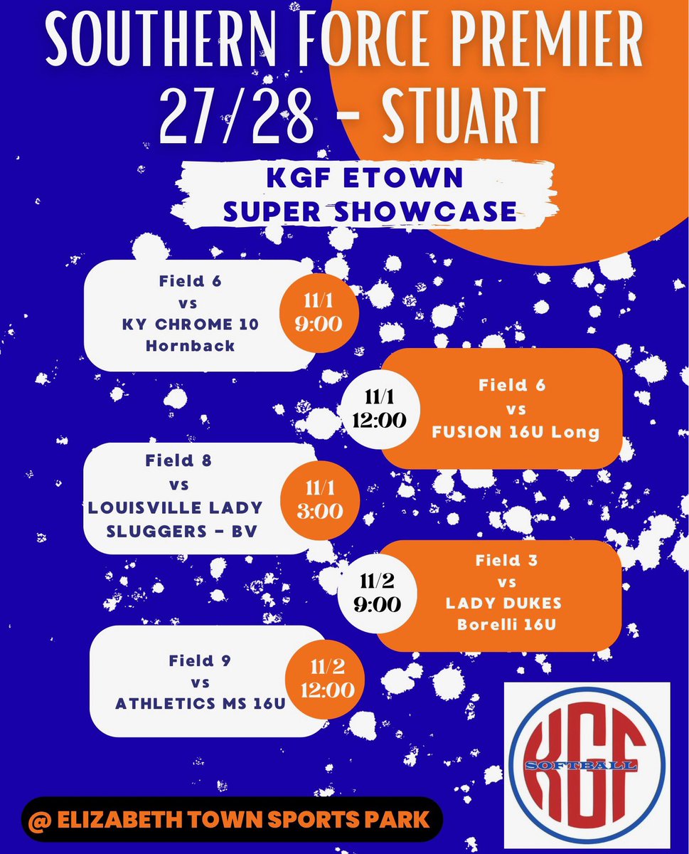 Ready to compete and showcase our talent this weekend at the KGF Etown Super Showcase! 💪🥎 Excited for another opportunity to grow, compete, and represent Southern Force Premier with pride. 💙🧡 <a href="/SouthernForce09/">Southern Force 2027 Premier</a> <a href="/Patriots_UC_SB/">UC Patriots SB</a> <a href="/UofL_CoachHolly/">Holly Aprile</a> <a href="/g3alvar/">Gilbert Alvarado III</a> <a href="/TransySoftball/">Transylvania Softball</a>