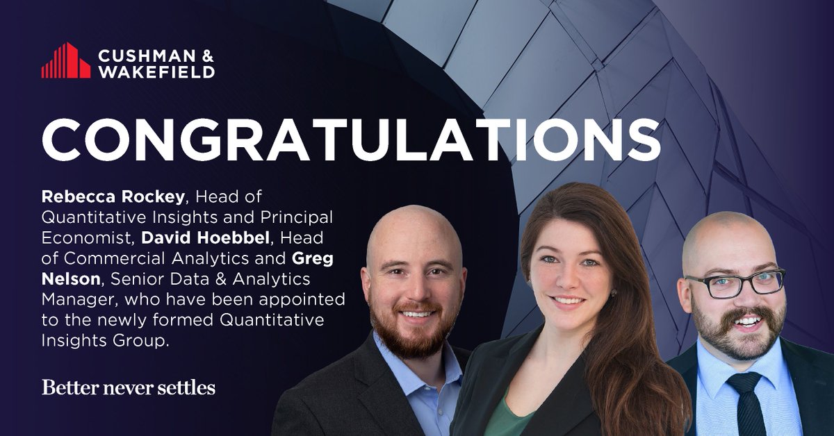 Congratulations to Rebecca Rockey on her appointment to lead our new Quantitative Insights Group, with David Hoebbel and Gregory Nelson stepping into leadership roles @cushwake.

 Way to go <a href="/beckywflyhair/">Rebecca Rockey</a> !