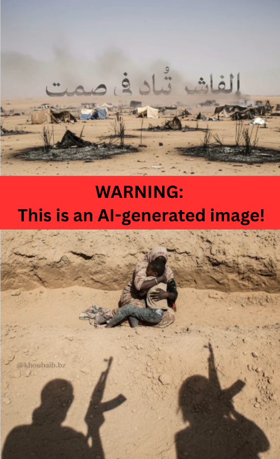 This image, currently circulating as being from Sudan, is NOT REAL. 
It's an AI-generated image created by Khoubaib Ben Ziou, a "Creative AI Specialist."

There are real, but very graphic images from Sudan that are online - This isn't one of them.