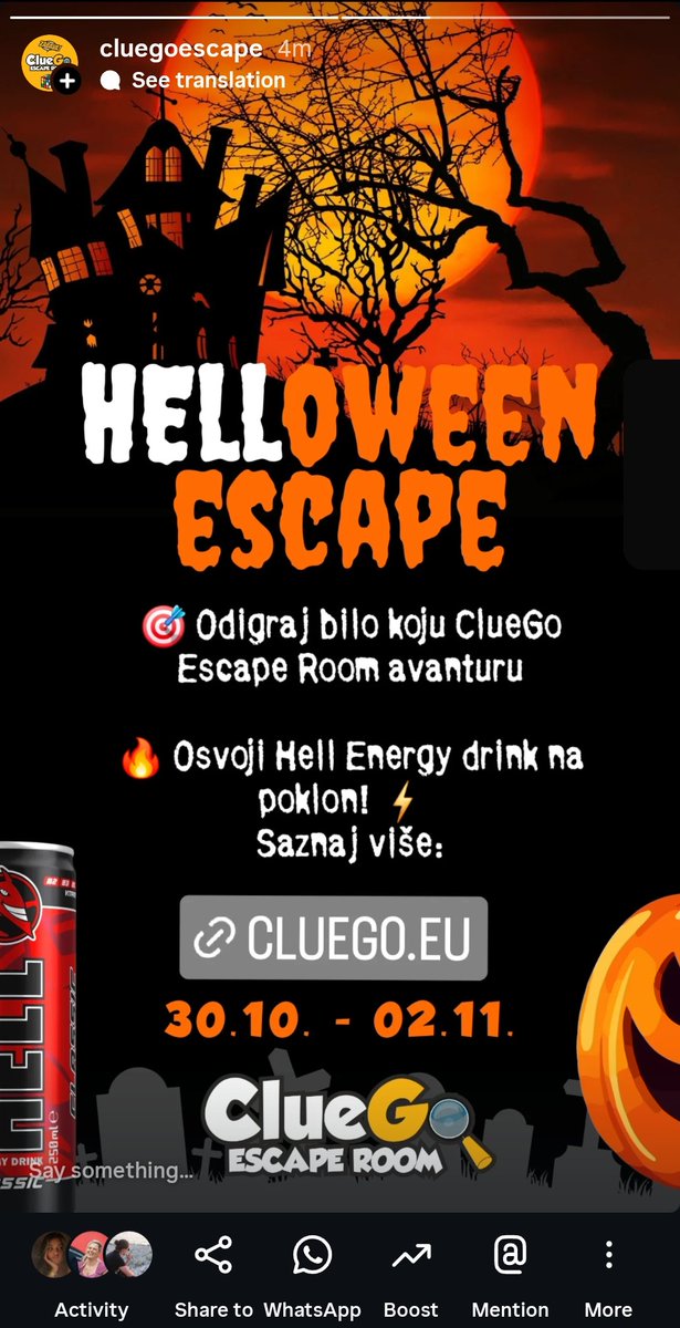 CluegoEscape's tweet photo. 🎃 ClueGo Escape Room &amp; Hell Energy = STRAŠNO DOBRA ZABAVA! 👻

Od 30.10. do 2.11.2025. okupi ekipu, odigraj bilo koju ClueGo sobu i osvoji Hell Energy drink na poklon! 🔥⚡

Rezerviraj svoj termin, doživi adrenalinski bijeg i napuni se paklenom energijom uz ClueGo i Hell Energy! https://t.co/QlGNeovnQR