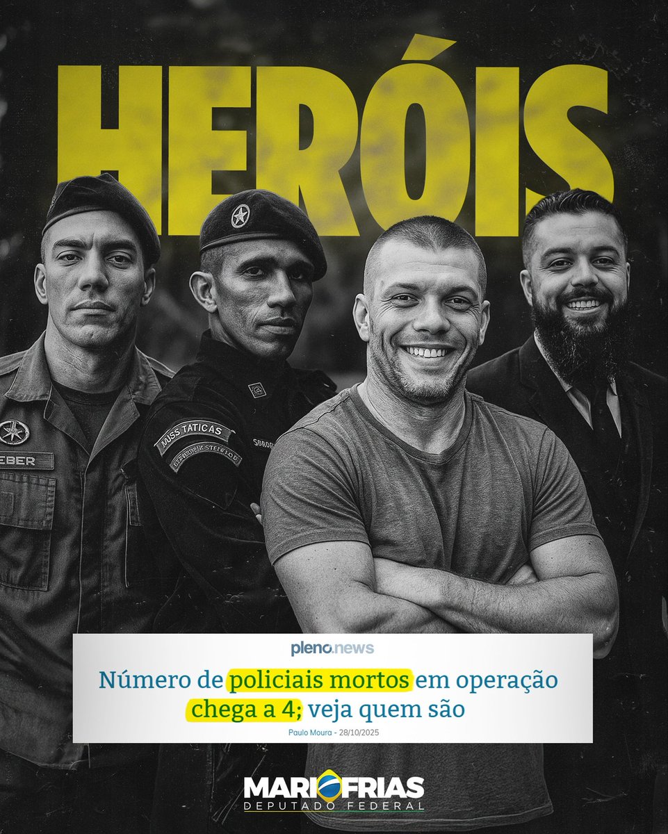 mfriasoficial's tweet image. Quatro policiais, quatro pais, filhos, irmãos, amigos… Deixaram suas casas como sempre fizeram, vestiram a farda com a dignidade de quem sabe que servir é colocar a própria vida em risco.
Eles saíram para defender inocentes, proteger bairros, garantir que outras famílias…