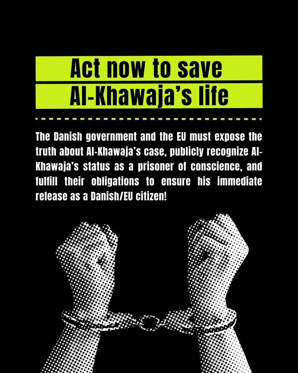 GulfCentre4HR's tweet image. We at @GulfCentre4HR join the urgent call to #Danish and #EU authorities to help #FreeAlKhawaja from prison in #Bahrain as he begins a life-threatening hunger strike today. Act now to save our friend Abdulhadi!
@Statsmin @eucopresident @kajakallas @vonderleyen
@KajsaOllongren