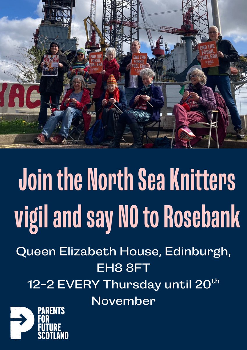 Join the North Sea Knitters vigil every Thursday as they oppose Rosebank outside the UK gov hub in Edi. Stitching skills not required; opposition to Rosebank: essential!
<a href="/northseaknitter/">North Sea Knitter</a> <a href="/StopCambo/">#StopRosebank</a> <a href="/FoEScot/">Friends of the Earth Scotland 🌎</a>  #stoprosebank