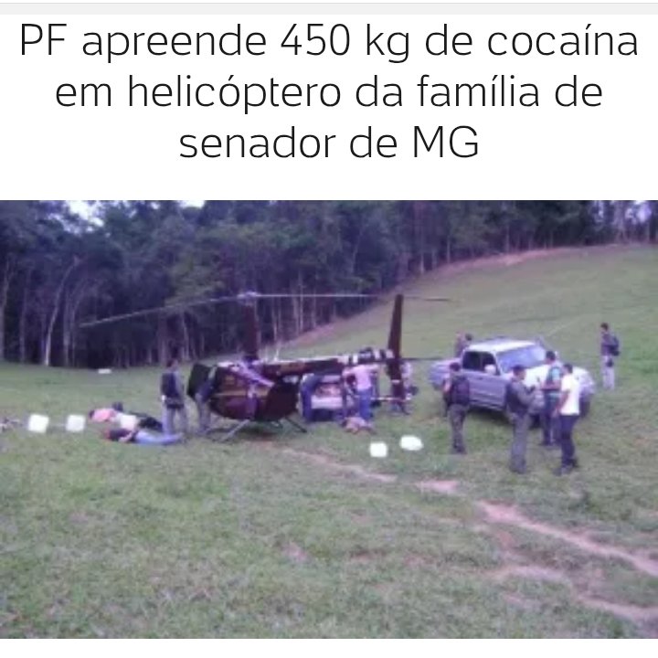 Este aqui é o helicóptero do Zezé Perrela, ex presidente do cruzeiro e senador, a polícia não deu um tiro e Zezé perrela nunca foi preso. Continua milionário e morando bem longe de qlq periferia