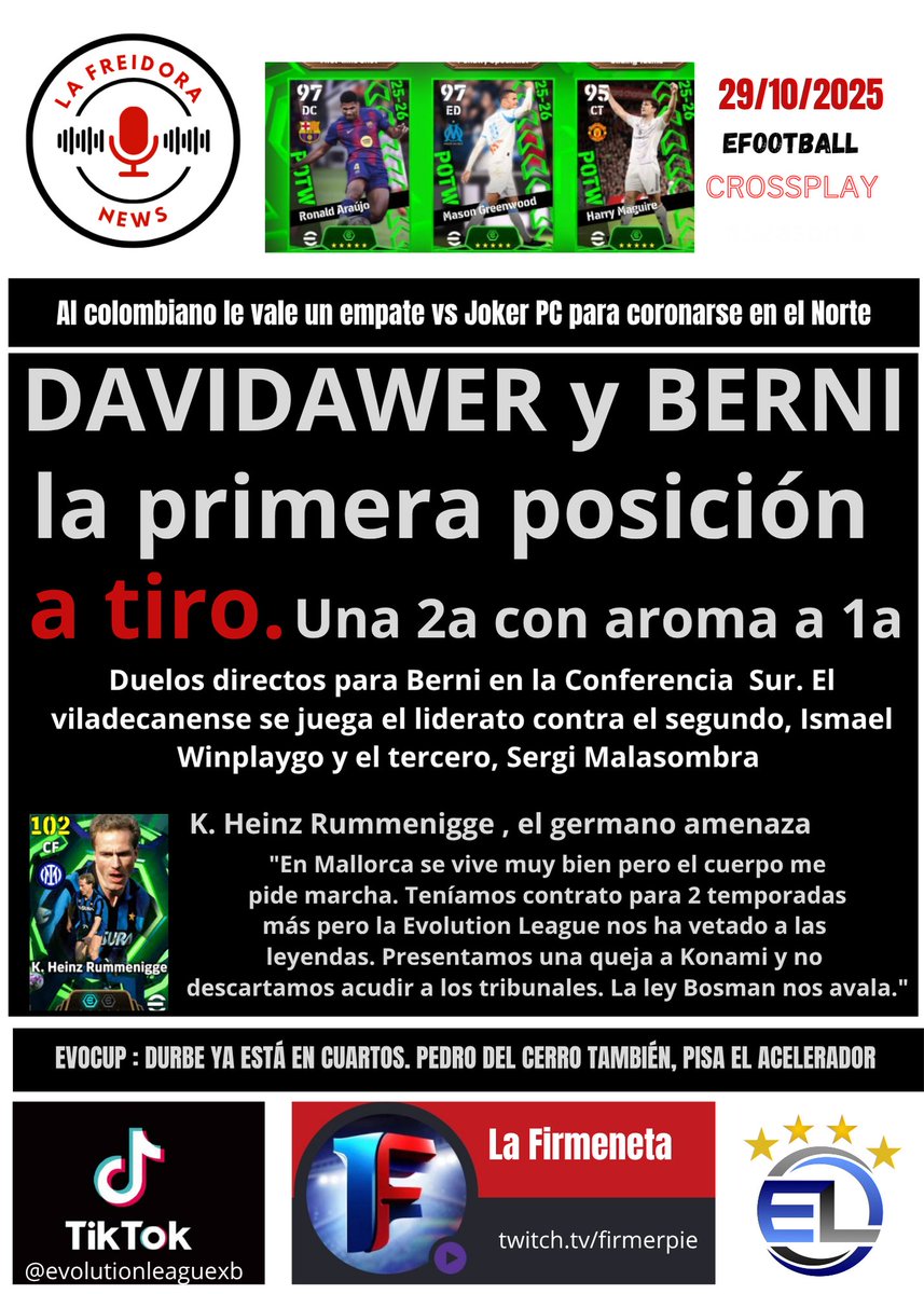 Semana de partidazos para cerrar la primera fase de liga regular en la Evolution League #eFootball2026 <a href="/EvolutionLeagu3/">Evolution League</a> <a href="/BoteroHawer/">Davidawer</a> <a href="/GayaBernabe/">Bernabe Jordán Gaya</a> <a href="/WINPLAYGO/">ismael (rataPRO)</a> <a href="/Malasombra21/">Malasombra</a> <a href="/durbe88/">Toni</a>