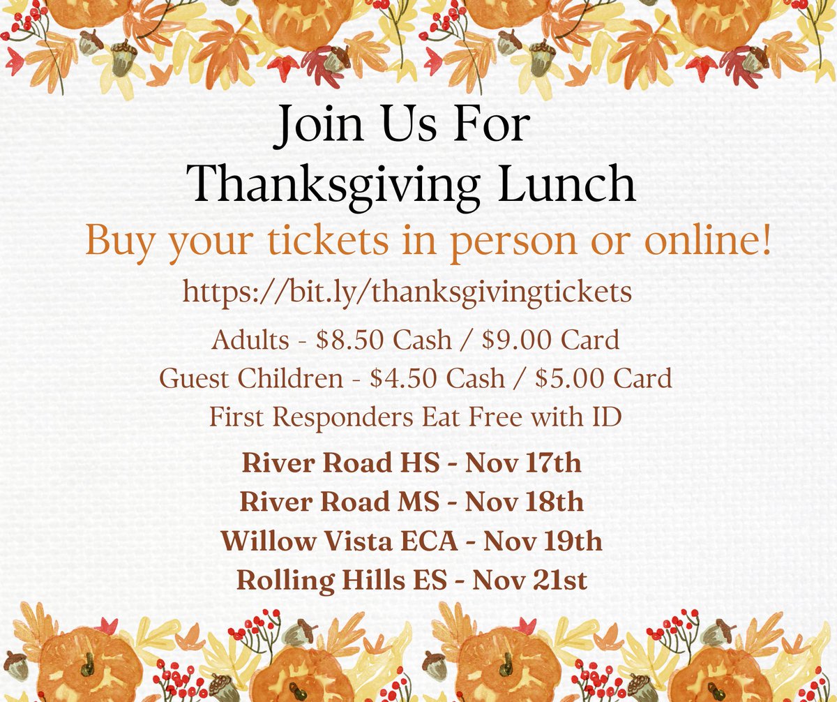 Join us for our Thanksgiving Lunch! Buy your tickets in person or online at bit.ly/thanksgivingti…
Adults - $8.50 Cash or $9.00 Card
Guest Children - $4.50 Cash or $5.00 Card
First Responders Eat Free with ID