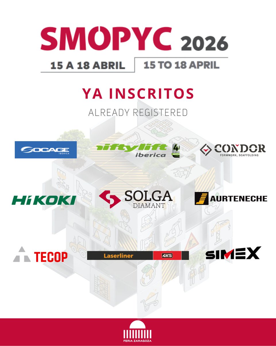 ¡Seguimos con más confirmados para #SMOPYC2026! Descubre lo último en maquinaria y tecnología para el sector. 

📅 Del 15 al 18 de abril de 2026
📍 Feria de Zaragoza