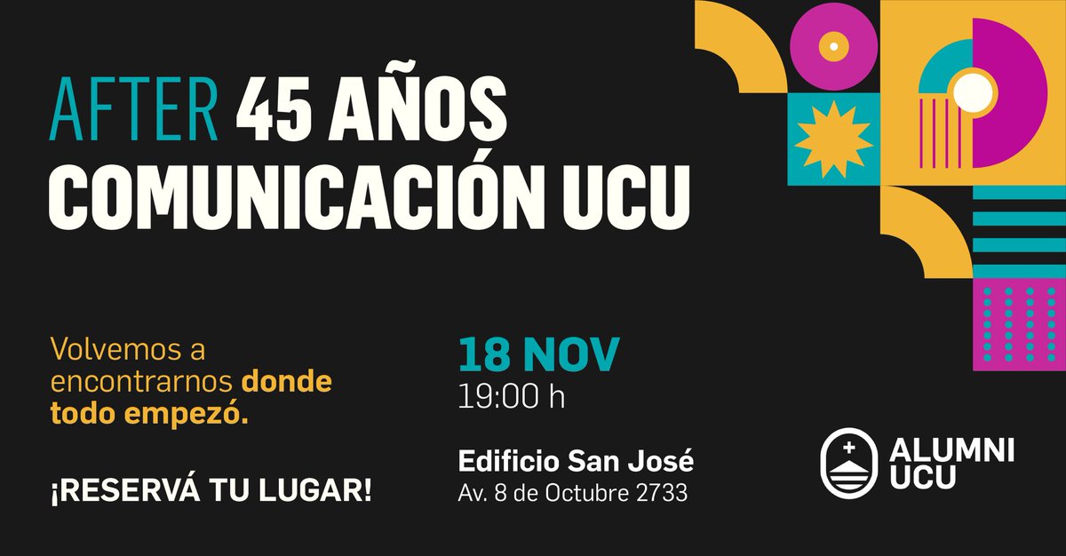 🌟 Siempre #pionera e #innovadora, nuestra Licenciatura de #Comunicación cumple 45 años y ¡lo festejamos a lo grande! 

🫵🏼 Si sos #AlumniUCU o #profe de la carrera, no te pierdas este #reencuentro de generaciones. 

📆 18/NOV - 19:00 h - Ed. San José  bit.ly/45ComUCU