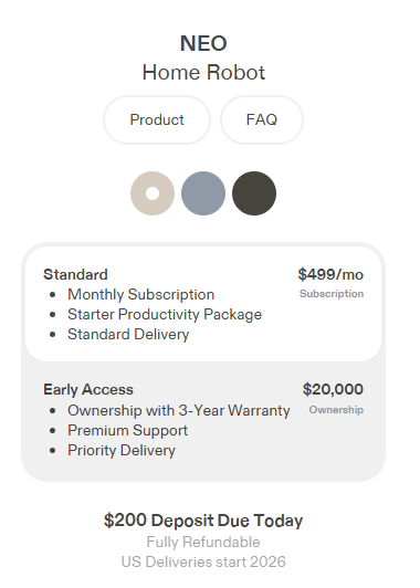 LayeredInvest's tweet image. 1X, 홈로봇 선주문 시작
- 가격 : $499/mo or $20,000
- 인도시기 : 2026년
- 영상 내 모든 작동은 원격조종 상태