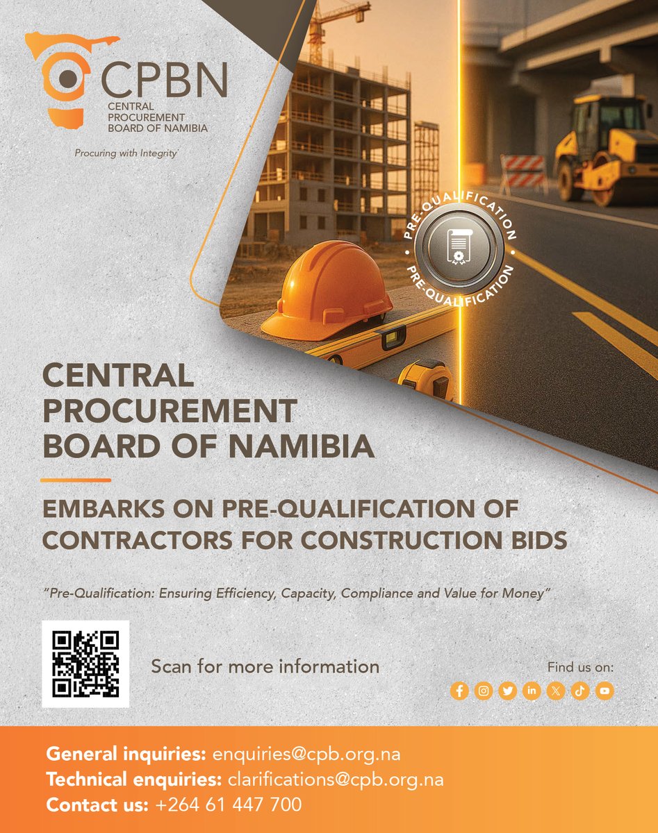 CPBNamibia's tweet image. 🚧 𝐀𝐭𝐭𝐞𝐧𝐭𝐢𝐨𝐧 𝐂𝐨𝐧𝐭𝐫𝐚𝐜𝐭𝐨𝐫𝐬!

Be part of Namibia’s future projects - apply now to join the CPBN Pre-Qualification Database!

📄View the bidding doc for free here: cpbn.com.na/index/external…

#CPBNdatabase #ContractorAlert #PreQualification