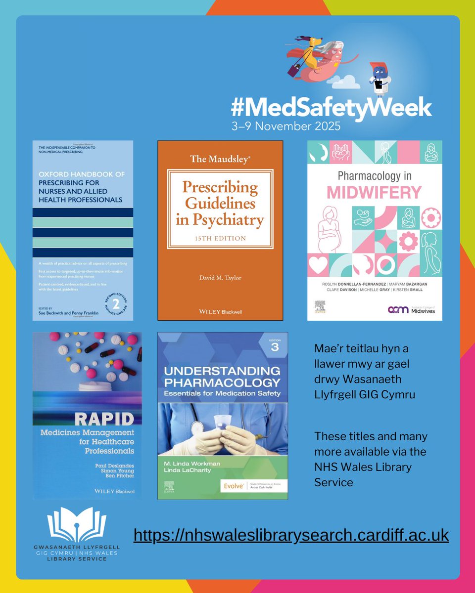 WelshHealthLib's tweet image. It&apos;s #MedSafetyWeek - #NHSWales staff can find these titles on safe prescribing and pharmacology on our catalogue. And don&apos;t forget to take a look at the medicines information resources on the NHS Wales E-Library website: elh.nhs.wales/medicines-info…