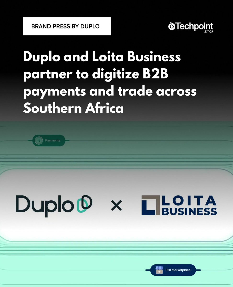 TechpointAfrica's tweet image. Announcing @tryduplo and Loita Buisiness partnership aimed at simplifying B2B payments and cross-border trade within South Africa and across Africa.

Read more - techpoint.africa/brandpress/dup…

.

#Duplo #Loita #FintechAfrica #B2BPayments