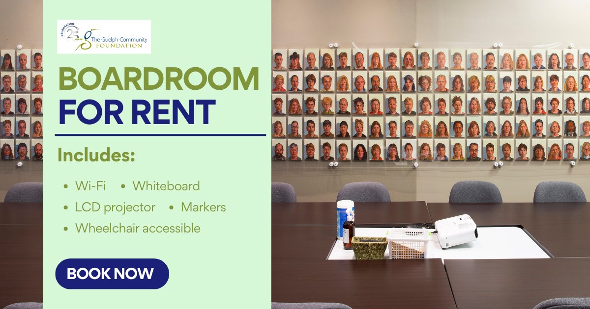 Don’t miss the chance to host your next meeting or workshop in our fully equipped boardroom in #DowntownGuelph!
👥 Fits 10–20 
💳 $50/hr or $25/hr for non-profits
📍 55 Wyndham St. N
🔗 guelphcf.ca/community-boar…