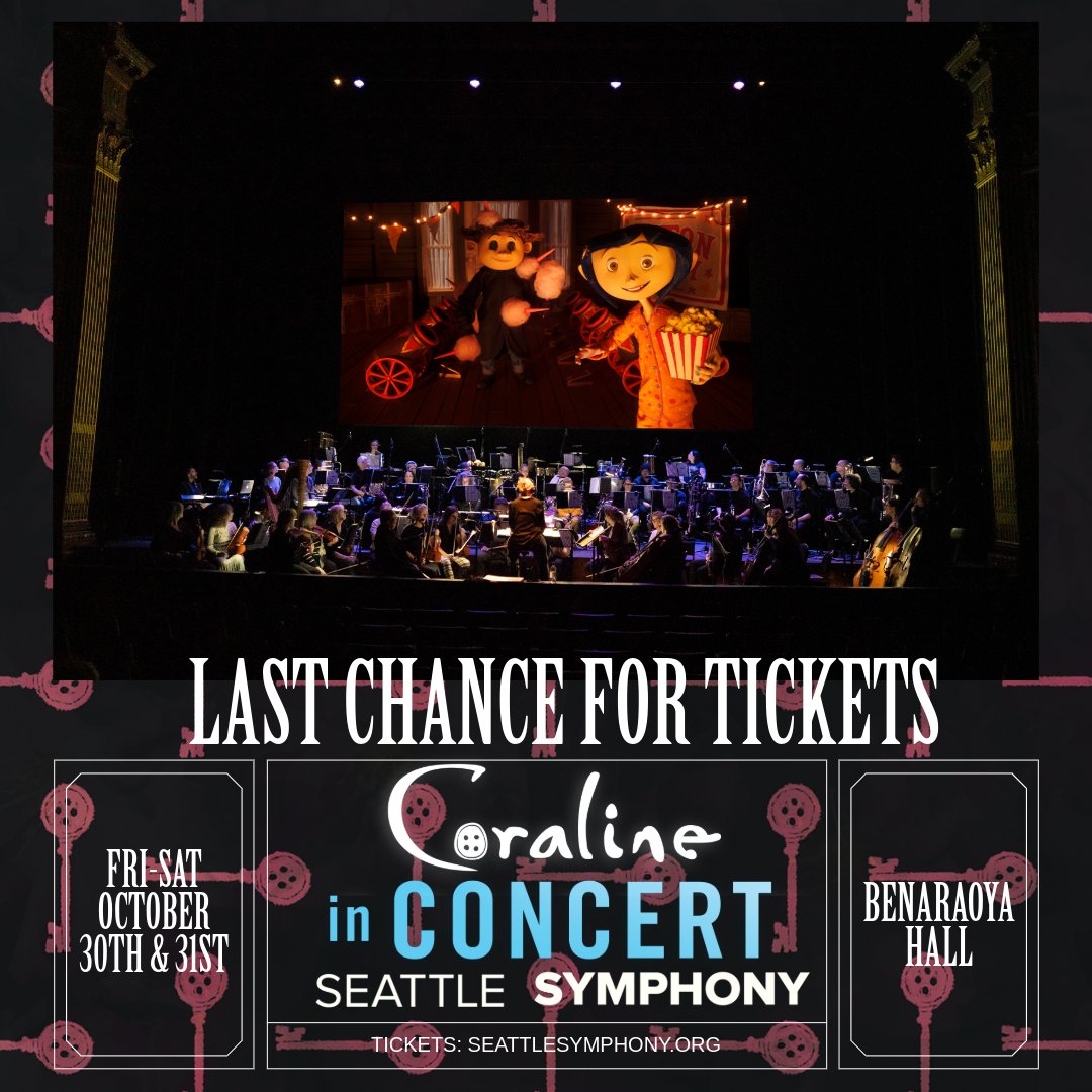 The door to the Other World opens for TWO NIGHTS ONLY on October 30 &amp; 31.
Experience #Coraline like never before with the <a href="/seattlesymphony/">Seattle Symphony</a>. Grab your 🎟️ through tcgent.com before they’re gone for good… 🔑🕷

#coralineinconcert #Halloween #LAIKAStudios #seattle