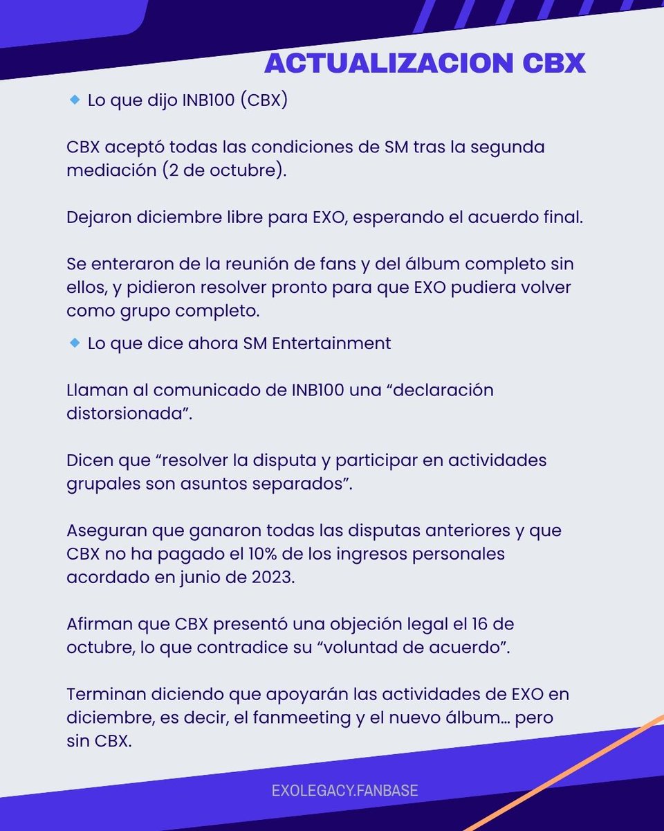 exo_legacy's tweet image. SM acusa a CBX de distorsionar los hechos. CBX asegura haber aceptado todas las condiciones.
Fans exigimos claridad y que EXO sea un grupo completo.