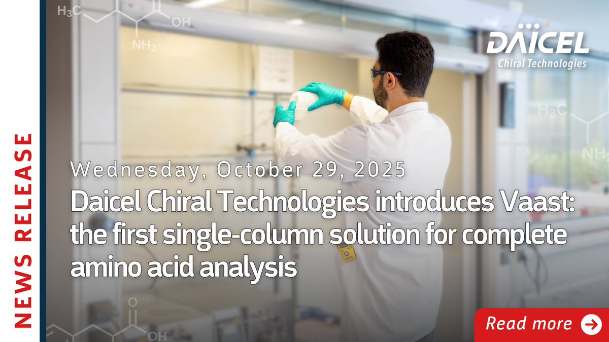 ChiralTech's tweet image. 21 amino acids. One column. One method. 5 minutes.

Vaast redefines amino acid analysis with precision, reproducibility, and regulatory confidence.

Learn how → chiraltech.com/daicelchiralin…
#Vaast #AminoAcidAnalysis #ChiralChromatography