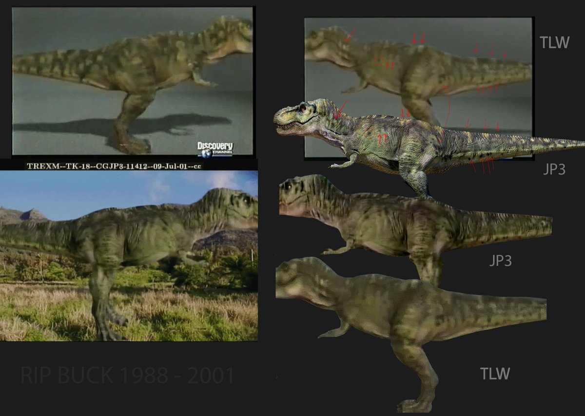 With the discovery of the Discovery video showcasing the CG model for TLW “Buck” I took the time to compare its skin patterns to the CG model used for the male Tyrannosaur used in JP3. 

Both have the same shades of green, one isn’t brighter or duller than the other, and the left