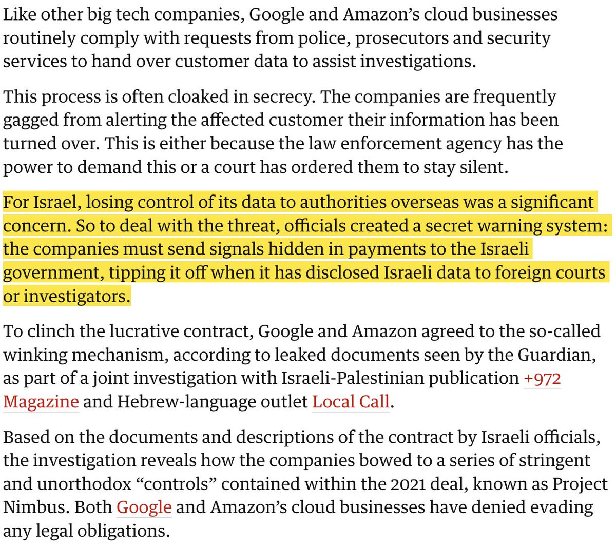 awinston's tweet image. Turns out Project Nimbus also contained a rubric that required Google and Amazon to tip Israel off to foreign investigations into the Apartheid State&apos;s actions. Only organized crime and rogue governments act like this