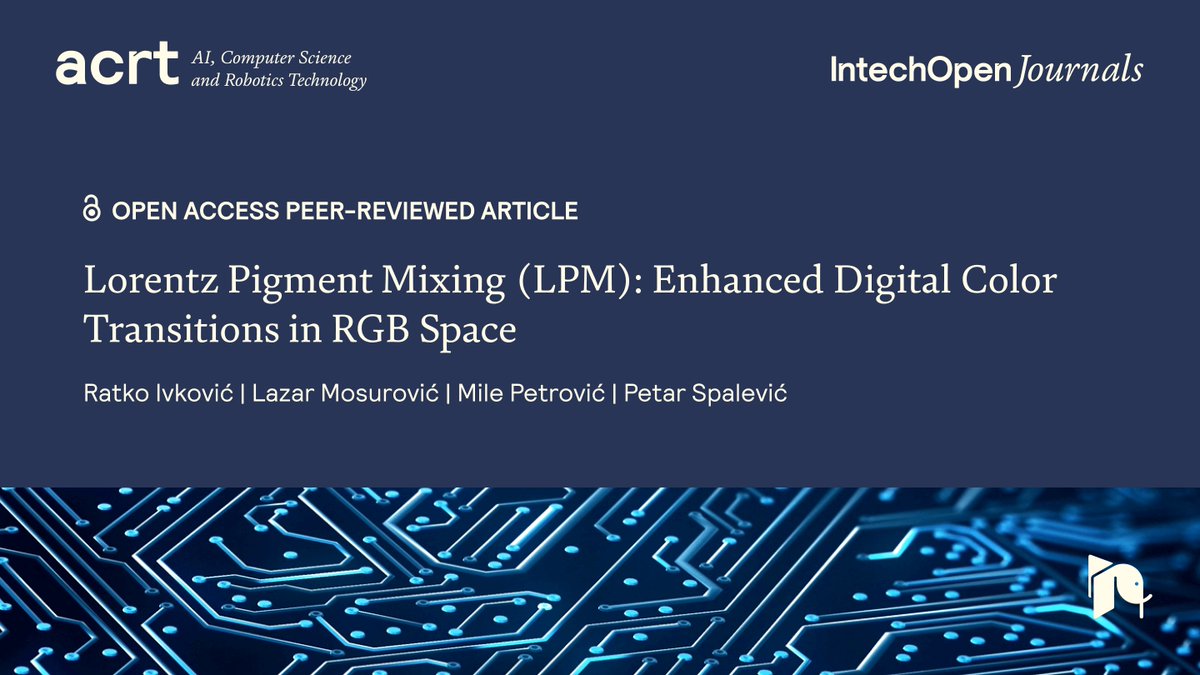 IntechOpen's tweet image. In this recent #OpenAccess article, the authors introduce Lorentz Pigment Mixing (LPM), a method that makes digital colors blend as naturally as real pigments.

By applying the #LorenzCurve &amp;amp; #DifferentialEquations within the #RGB space, LPM creates realistic transitions between…