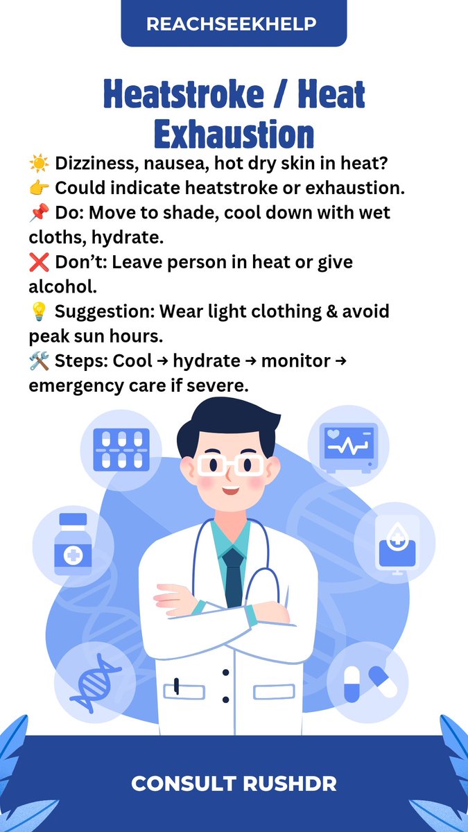 ReachSeekHelp's tweet image. Overheating &amp;amp; heavy sweating? You may be facing heatstroke or exhaustion—cool down fast and seek help.
Get expert guidance on @rushdr @reachseekhelp
👉 Download RUSHDR: play.google.com/store/apps/det…
#Heatstroke #HeatExhaustion #StayCool  @RUSHDR @ReachSeekHelp