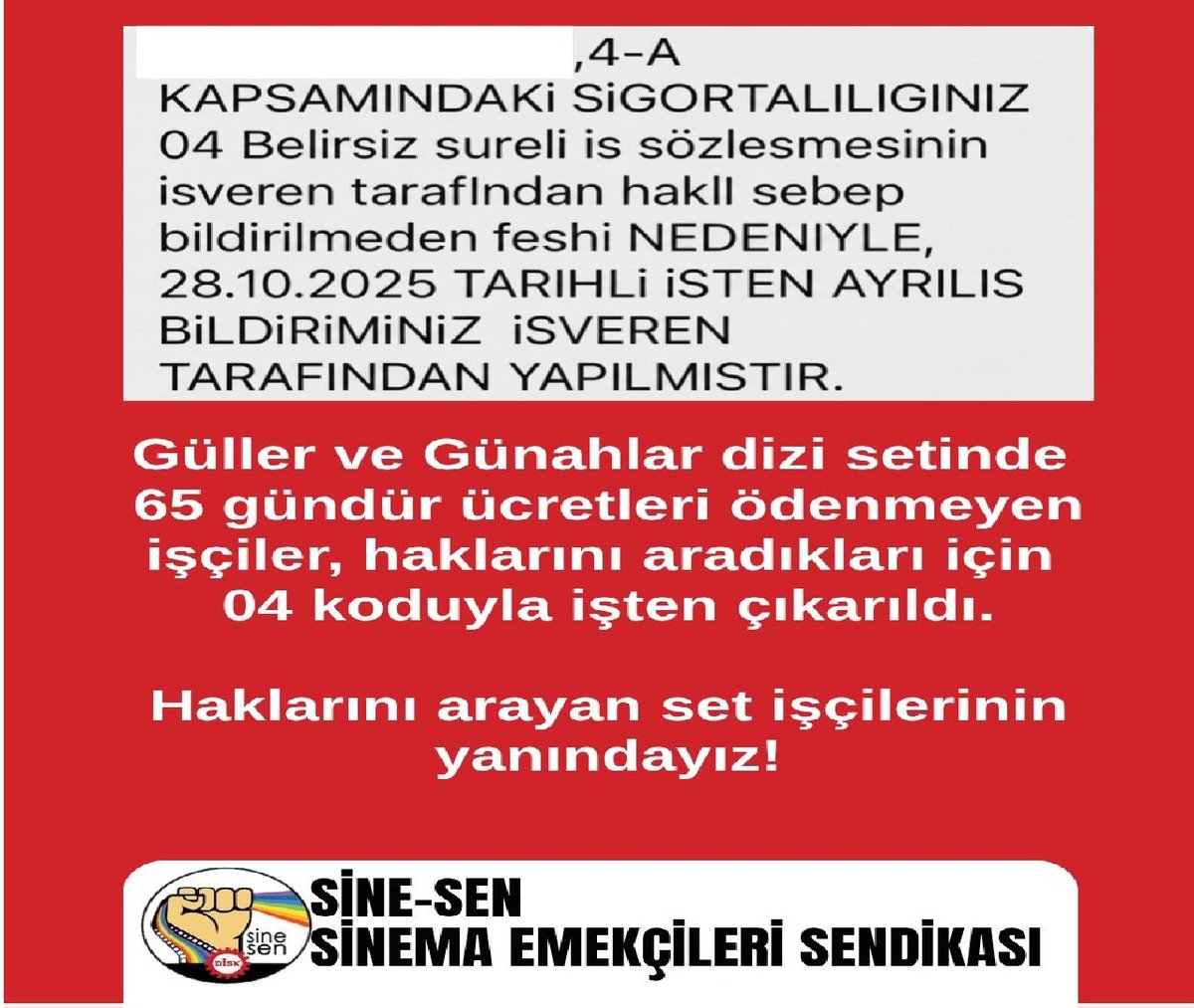 "Güller ve Günahlar” dizisinin set işçileri, 65 gündür ücretlerini alamadıkları için yasal haklarını kullanarak iş durdurma eylemi yaptı. Yapımcı NGM, bu eylemi “istifa” olarak değerlendirip kodu 04'den , 4 set işçisiyi işten çıkardı. 

#GüllerVeGünahlar
#KanalD
<a href="/DiskSine/">Sine-Sen・Sinema Emekçileri Sendikası</a>