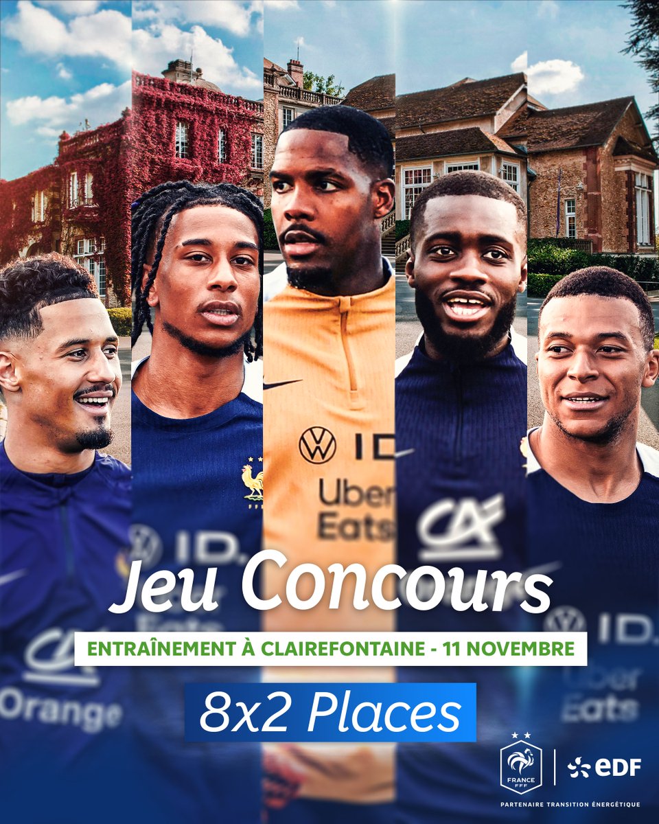 EDF_Foot's tweet image. 🎁 𝐉𝐄𝐔 𝐂𝐎𝐍𝐂𝐎𝐔𝐑𝐒 🎁
Pour célébrer le dernier rassemblement des Bleus en 2025, nous vous offrons 8x2 places pour assister à leur entraînement à Clairefontaine le 11 novembre 🔥
Pour participer :
1️⃣ RT ce tweet
2️⃣ Suivez @EDF_Foot 
📅 TAS le 05/11 à 10h
 #EDFFoot #DLDOct