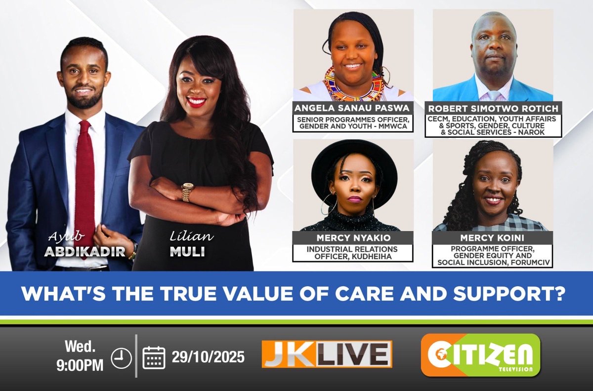 citizentvkenya's tweet photo. On this international support and care day, we reflect on the value of care and support in the country. How are leaders and citizens working together to address inequality in the care and support for domestic work? Tonight at 9pm with Lillian Muli live from Narok https://t.co/8EkKcrn9aU