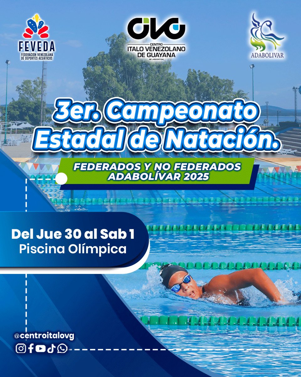 🏊‍♂️ ¡Comienza la emoción en las aguas del CIVG! 💦

¡Acompáñanos y vive el orgullo del deporte acuático en casa! 💙🇮🇹

#CIVG #ADABolívar #Natación #CampeonatoEstadal #DeporteAcuático #CentroÍtaloVenezolanoDeGuayana #CiudadGuayana #PZO #PasiónPorElDeporte #OrgulloItaloVenezolano