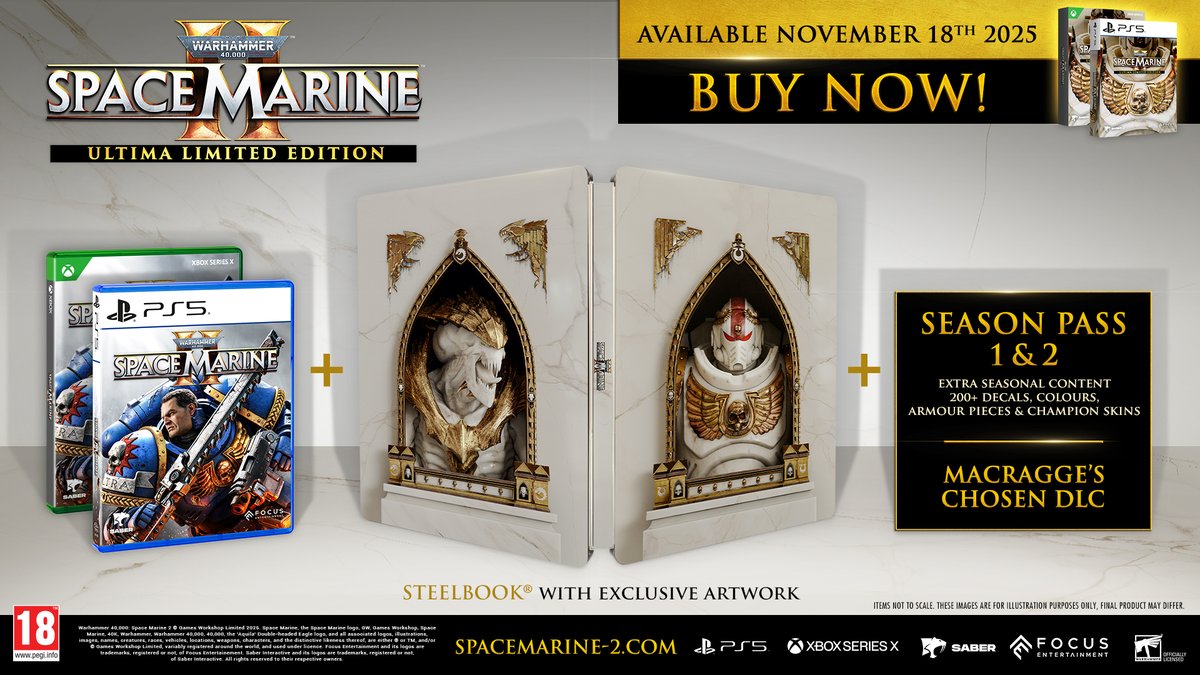 Focus_entmt's tweet image. To celebrate Halloween, we’re giving away 2 Ultima Limited Editions of #SpaceMarine2, including the base game, an exclusive SteelBook®, Season Pass 1 &amp;amp; 2, and the Macragge’s Chosen DLC! 🎃

To enter:
1️⃣ Follow @Focus_Entmt on X
2️⃣ Comment #SpaceMarine2

Rules:…