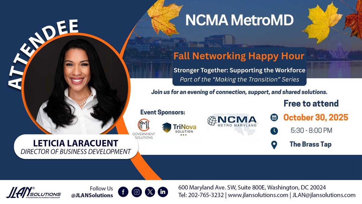 Our Director of Business Development, Leticia Larancuent, is attending the <a href="/NCMA/">NCMA</a> MetroMD Fall #Networking Mixer, on October 30. Engaging with contracting professionals and #IndustryPartners helps strengthen our ability to make community-driven solutions.