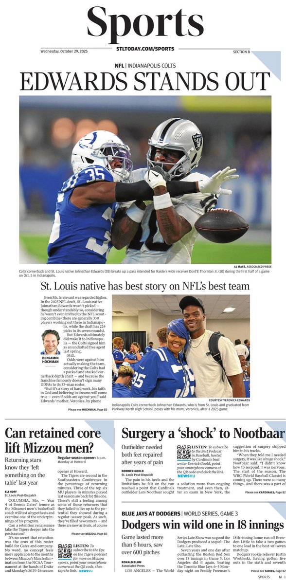 Indianapolis Colts CB Johnathan Edwards featured today in the St. Louis Post-Dispatch. Amazing and inspiring life story. Was homeless for 5 months as a kid. Strong family and faith. Undrafted. Now STL native plays many snaps for 7-1 Colts, best NFL record.
stltoday.com/sports/column/…