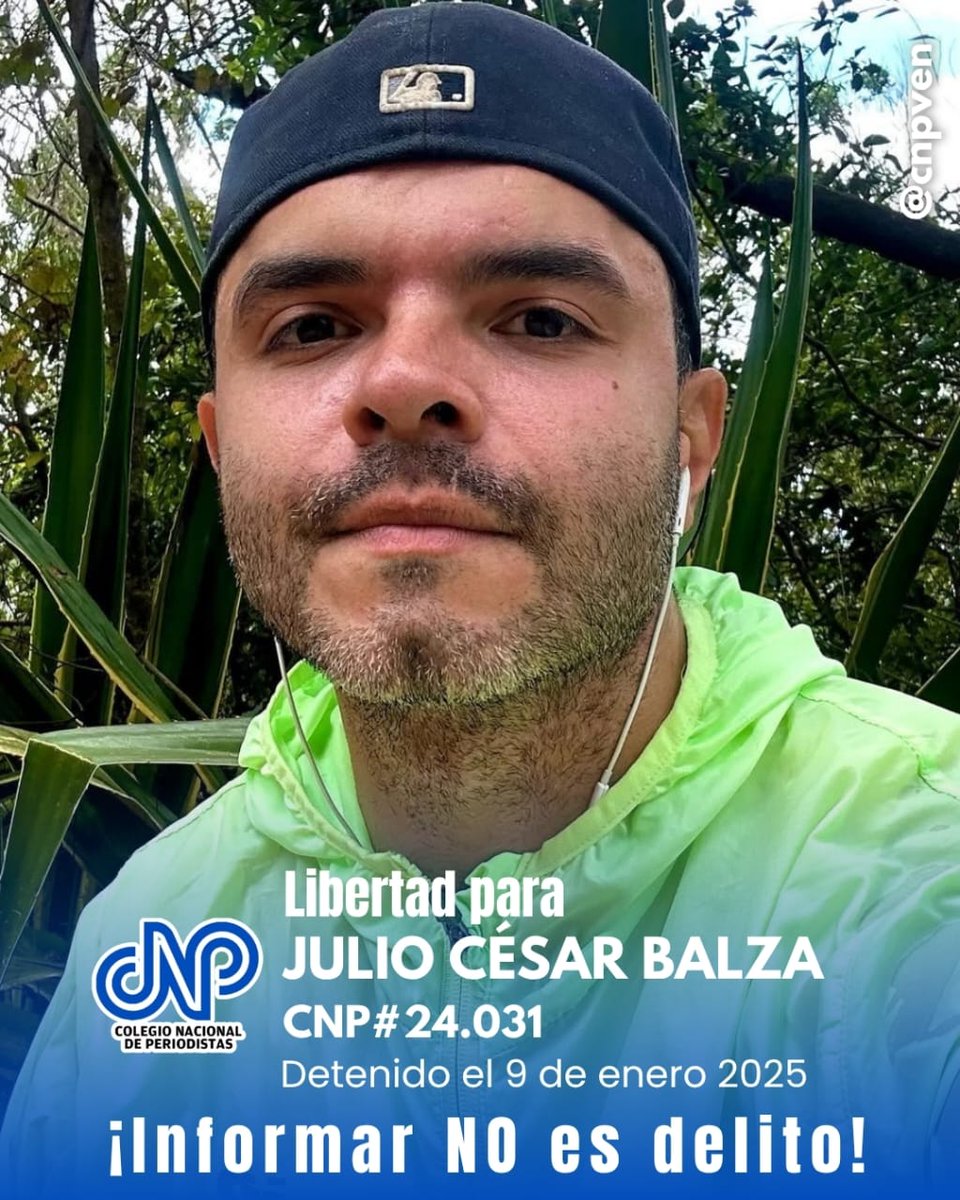 Giulybcok2's tweet image. 🇻🇪 Periodista Julio César Balza

Está preso por informar y por mostrar la verdad.
Julio Balza, reportero gráfico y miembro del equipo de prensa de @MariaCorinaYA, fue detenido el 5 de enero de 2025 tras cubrir una concentración opositora en Caracas.

Con su cámara documentó la…