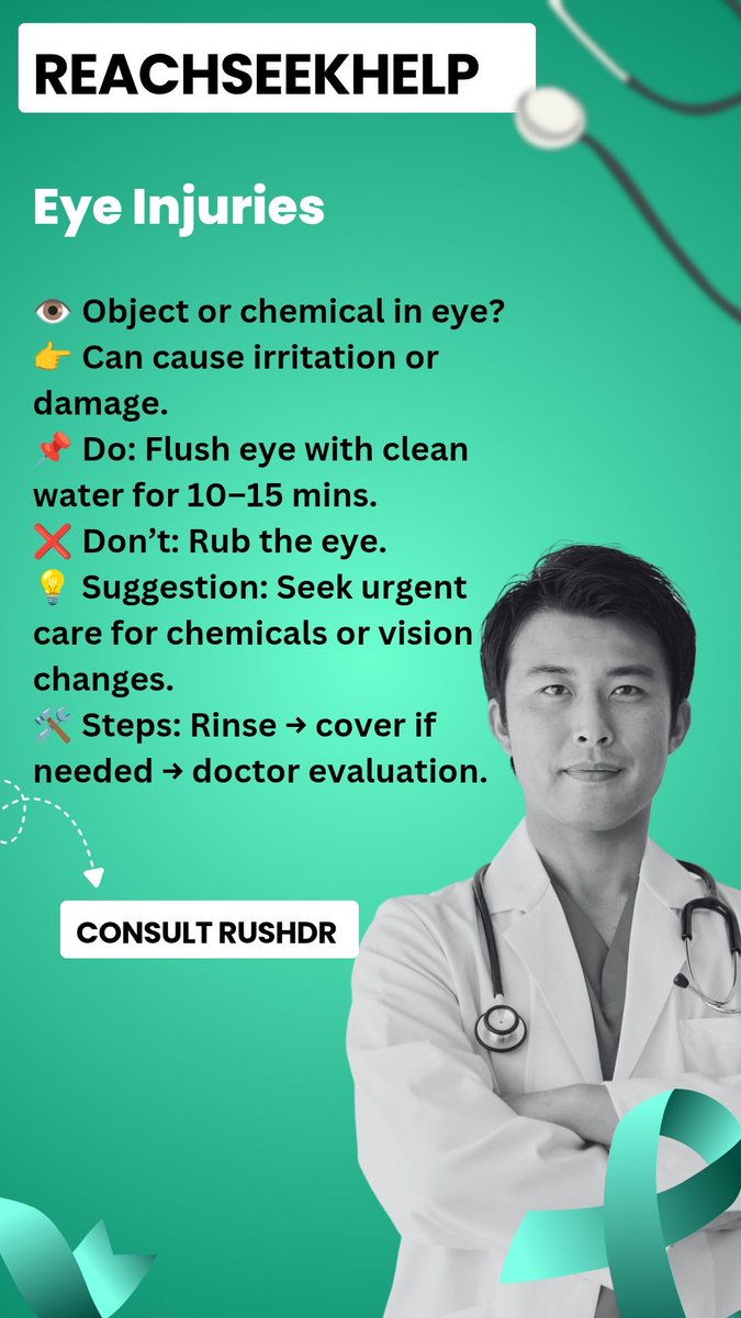 ReachSeekHelp's tweet image. Eye injury? Don’t rub—protect the eye and seek medical help immediately.
Consult specialists on @rushdr @reachseekhelp
👉 Download RUSHDR: play.google.com/store/apps/det…
#EyeInjury #EyeCare #VisionHealth #EmergencyCare #ProtectYourEyes #ConsultOnline @RUSHDR @ReachSeekHelp