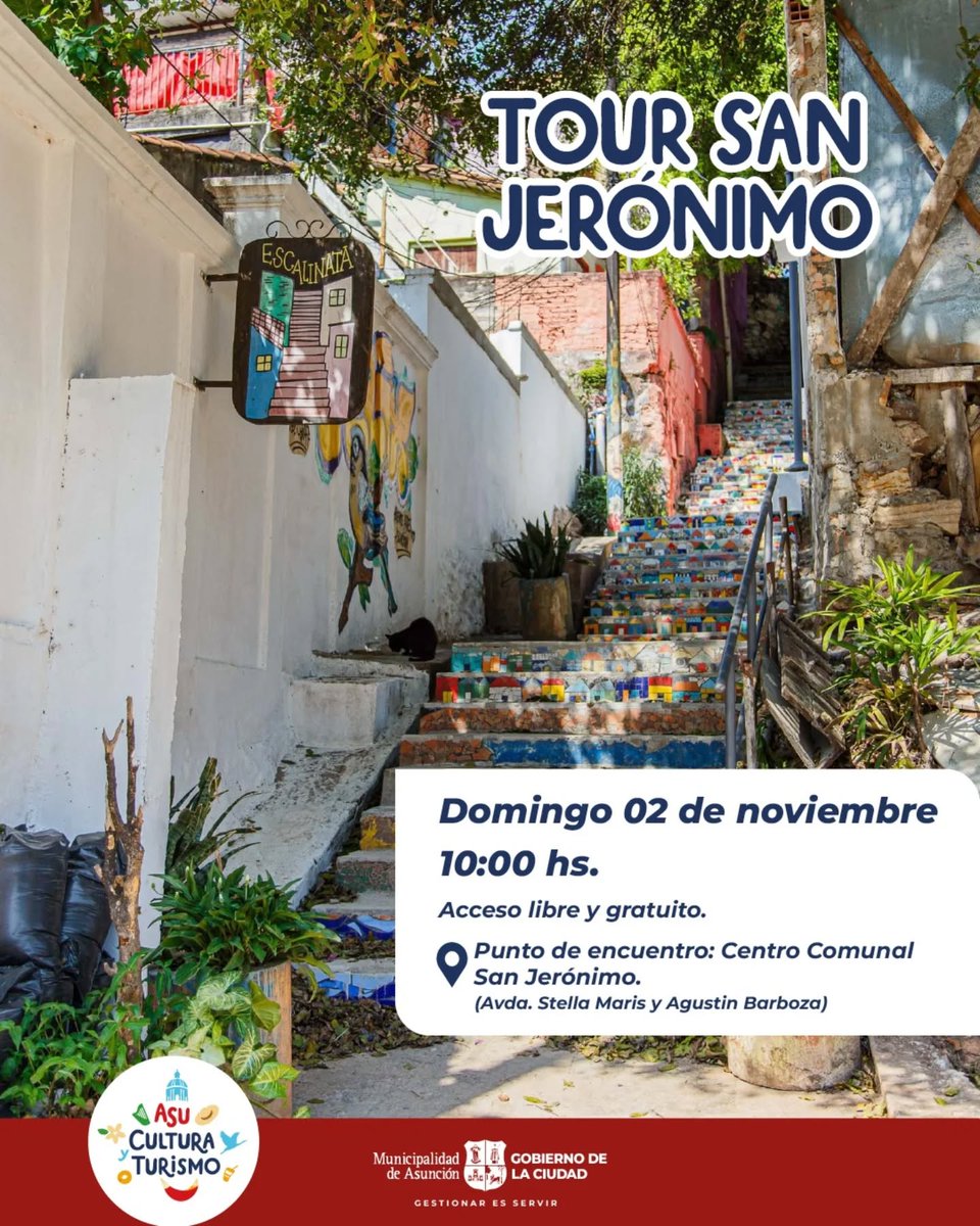 ¡Tour San Jerónimo!
Vení a conocer uno de los barrios más pintorescos de Asunción 🌿✨
🗓️ Domingo 2 de noviembre
🕙 10:00 h
📍 Punto de encuentro: Centro Comunal San Jerónimo (Avda. Stella Maris y Agustín Barboza)
🎟️ Acceso libre y gratuito