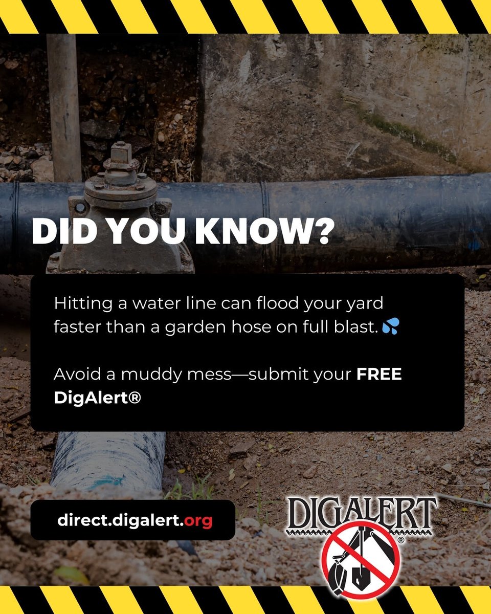 DigAlert's tweet image. 💡 Did you know?
Hitting a water line can flood your yard faster than a garden hose on full blast. 💦
Avoid a muddy mess—submit your FREE DigAlert® ticket: direct.digalert.org
#WaterSafety #DamagePrevention #811Awareness