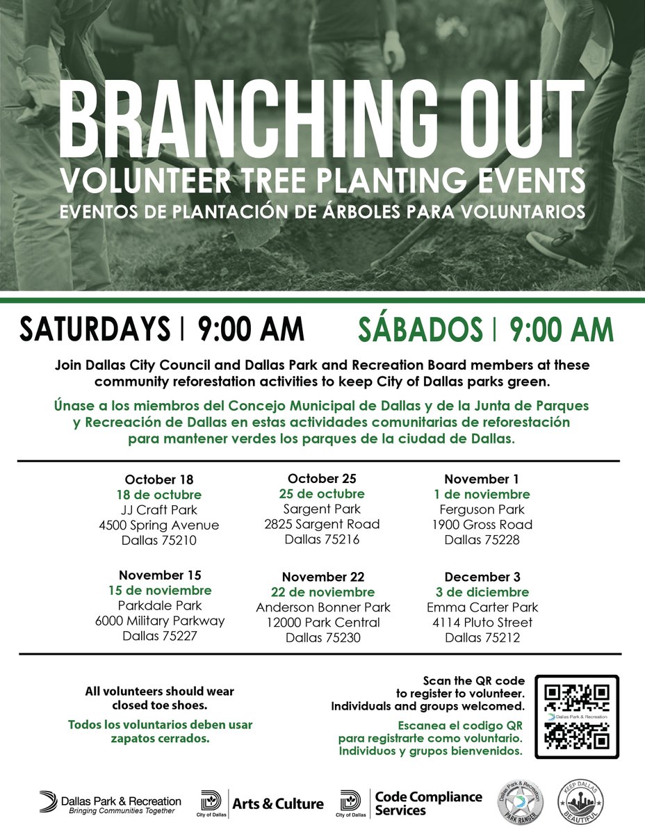 It's not too late! Join the District 7 Tree Planting at Ferguson Park! 🌳🌳

dallasparks.org/formcenter/pmo…

¡No es demasiado tarde! ¡Únete a la plantación de árboles del Distrito 7 en Ferguson Park! 🌳🌳