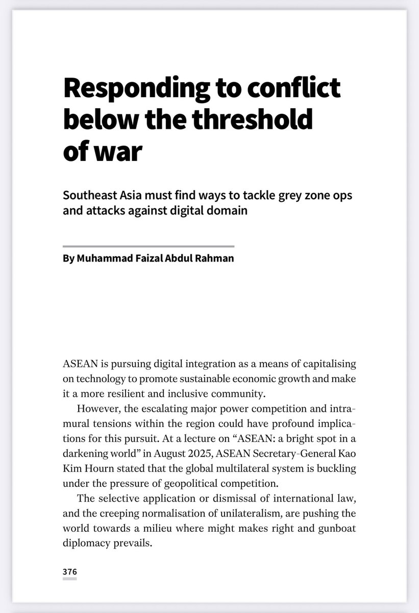 jollyman3's tweet image. 1. My latest book chapter on ‘𝗥𝗲𝘀𝗽𝗼𝗻𝗱𝗶𝗻𝗴 𝘁𝗼 𝗖𝗼𝗻𝗳𝗹𝗶𝗰𝘁𝗕𝗲𝗹𝗼𝘄 𝘁𝗵𝗲 𝗧𝗵𝗿𝗲𝘀𝗵𝗼𝗹𝗱 𝗼𝗳 𝗪𝗮𝗿’ elucidates that Southeast Asia must find ways to tackle grey zone ops and attacks against the digital domain. #digitaldefence #cyberdefence #asean