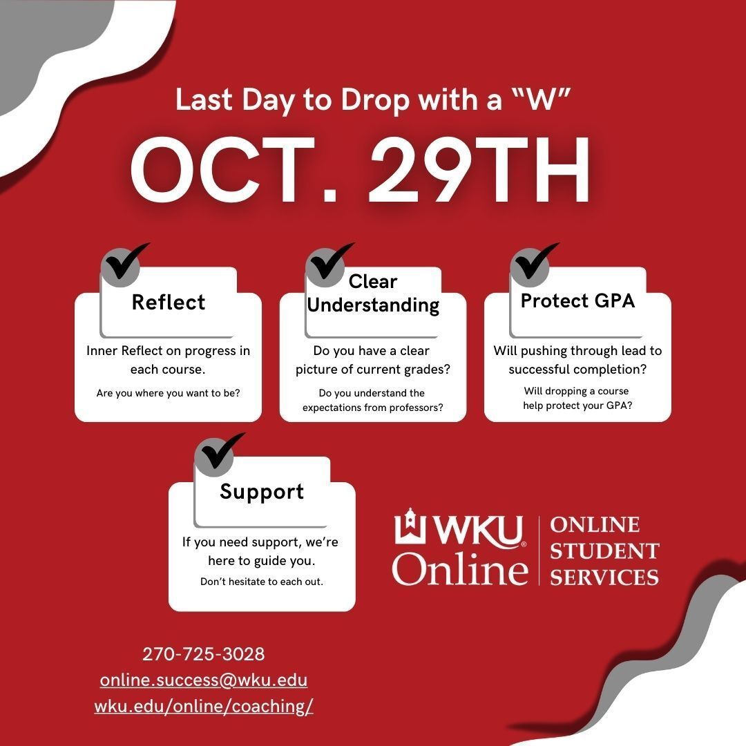 Today marks the last day to drop a semester-long course with a 'W' on your record. If you're concerned about your grades, reach out to your professor or advisor for advice on whether withdrawing is the best choice. Being proactive is key to successfully navigating your studies.