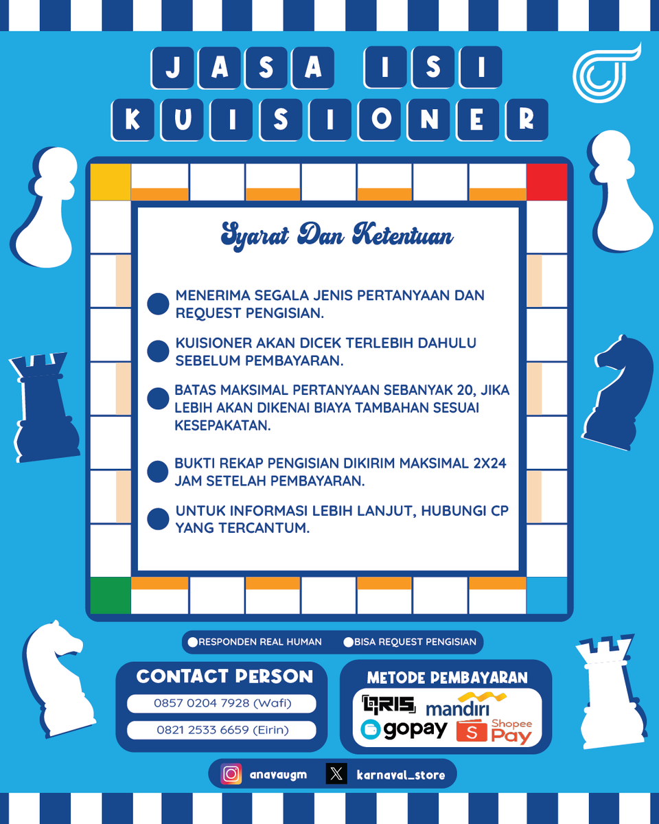 karnaval_store's tweet photo. [ OPEN JASA ISI KUESIONER ]
Menerima jasa isi kuisioner
✅️ Dijamin terpercaya 
✅️ Harga terjangkau
✅️ Responden real human
✅️ Bisa request pengisian
CP :
https://t.co/oyKuyMC98T (Wafi) 
https://t.co/whILWpqEO3 (Eirin)

#zonauangᅠᅠᅠ
#jasaiskon
#jokiresponden
#kuisioner https://t.co/J9dxGE4SmO