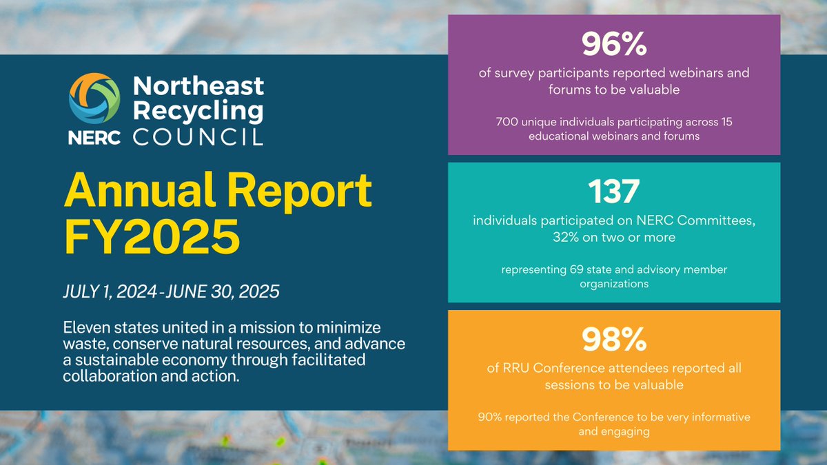 During FY25, we hosted 15 webinars and forums, facilitated cross-sector dialogue through 7 committees and our Conference, and developed valuable resources. We collaborated with new partners like the <a href="/CenterforSMM/">Center for Sustainable Materials Management</a> to strengthen and expand our programs.  nerc.org/annual-report