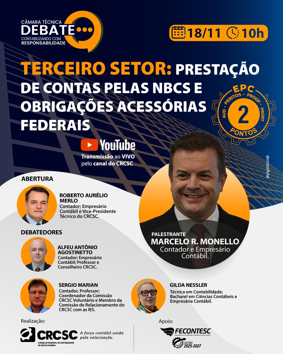 CRCSCOFICIAL's tweet image. 🧩O CRCSC realizará no dia 18 de novembro, às 10h, a Câmara Técnica Debate  “Terceiro Setor: Prestação de Contas pelas NBCs e Obrigações Acessórias Federais”.

👉Os interessados em participar podem se inscrever pelo link: www1.cfc.org.br/evento?XNE
