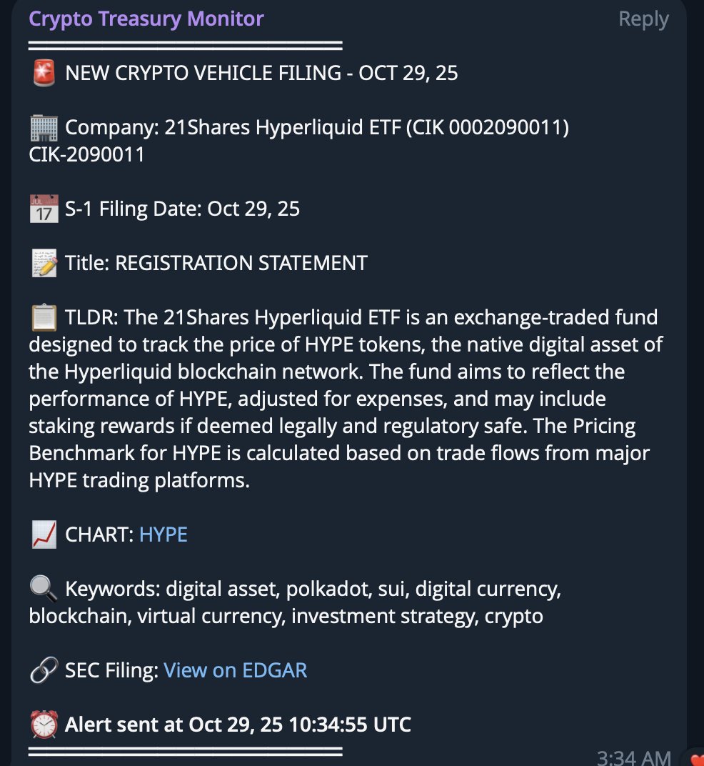 Hyperliquid ETF News: @21shares files S-1 for a @HyperliquidX Spot ETF with  the SEC https://t.co/59PolThkJB