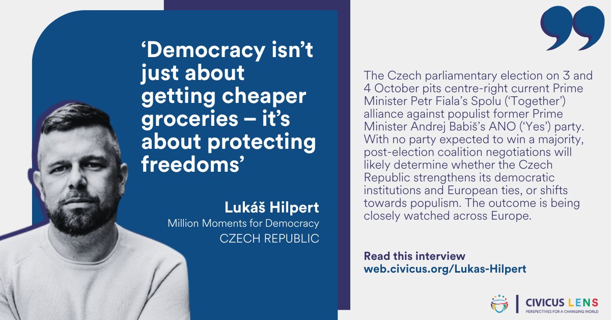 Lukáš Hilpert of <a href="/milionchvilek/">Milion chvilek pro demokracii</a> tells #CIVICUSLens why the Czech election is about more than inflation.

‘Democracy isn’t just about getting cheaper groceries – it’s about protecting freedoms’

🔗 web.civicus.org/Lukas-Hilpert

#CzechRepublic #CivilSociety #CzechElection #CzechVoices