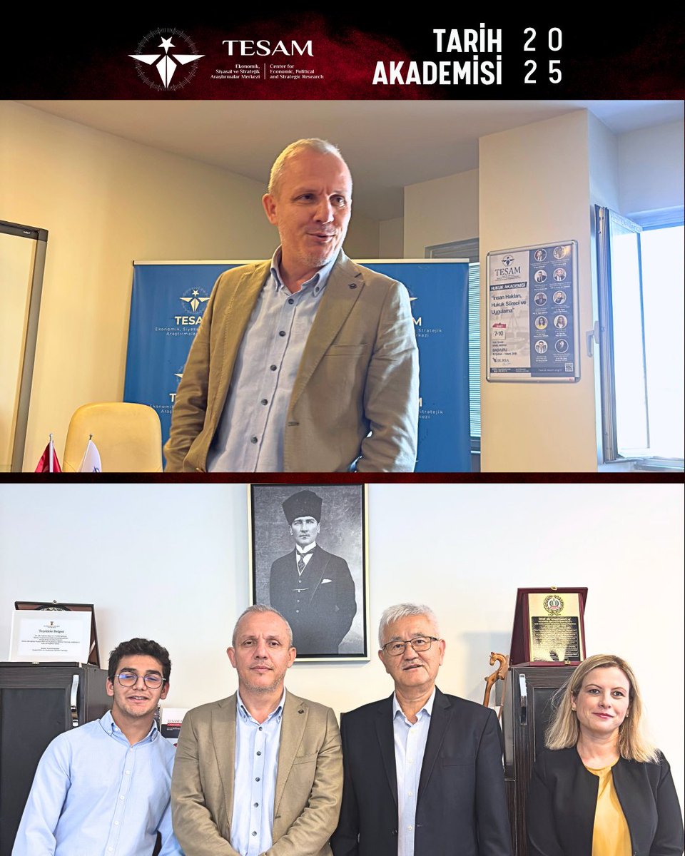 tesamtr's tweet photo. 📚 TESAM Tarih Akademisi 2025’in son günü başladı!

Akademi programının üçüncü günü, Prof. Dr. Aydın Usta’nın gerçekleştirdiği “Tarihi Bir Dönüm Noktası Olarak Haçlı Savaşları” başlıklı sunumla başladı.

Oturumda, Haçlı Savaşlarının tarihsel boyutu, dönemin sosyal ve siyasal düzlemi ve olgunun Türk tarihine bakan perspektifi ele alındı. Katılımcıların soruları ve katkılarıyla zenginleşen ders,  TESAM Akademi İdari Müdürü Barış Eşmeli’nin, Prof. Dr. Aydın Usta'ya günün anısına hediye takdimi ve toplu fotoğraf çekimi ile sona erdi.
@aydinusta75
#TESAM #TESAMTarihAkademisi #TESAMAkademi #Tarih #HaçlıSavaşları #KılıçArslan #OrtaDoğuTarihi