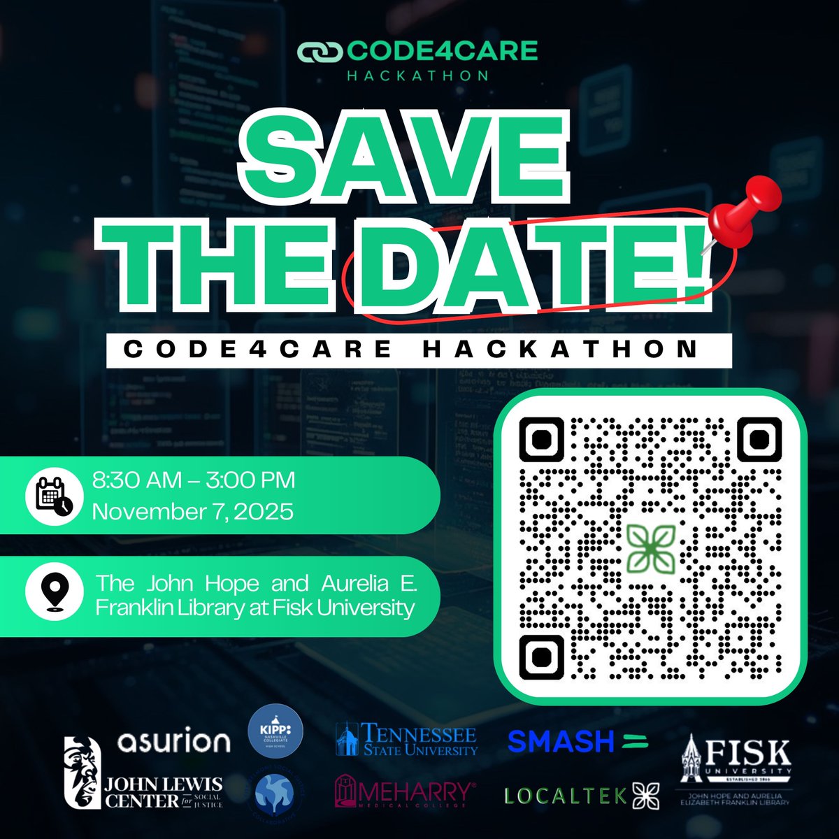 NoiseShiftt's tweet image. Hackathon Day is coming soon! Check-in opens 8:30 AM at Fisk University Library. Bring your laptop, ID, and big ideas. Let’s code for care. #Hackathon2025 #Code4Care #InnovationForAll