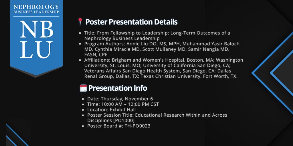 Join <a href="/NBLUniv/">NBLU: Renal Leaders</a> alumni Dr. Annie Liu <a href="/therealannieliu/">Annie Liu DO, MS, MPH</a> and Dr. M.Yasir Baloch <a href="/Myasirbaloch/">Muhammad Yasir Baloch, MD</a> <a href="/ASNKidney/">American Society of Nephrology</a> #KidneyWeek as they present <a href="/NBLUniv/">NBLU: Renal Leaders</a>’s poster on Thursday, November 6.  
Learn how NBLU helps position nephrology fellows for success in their careers.